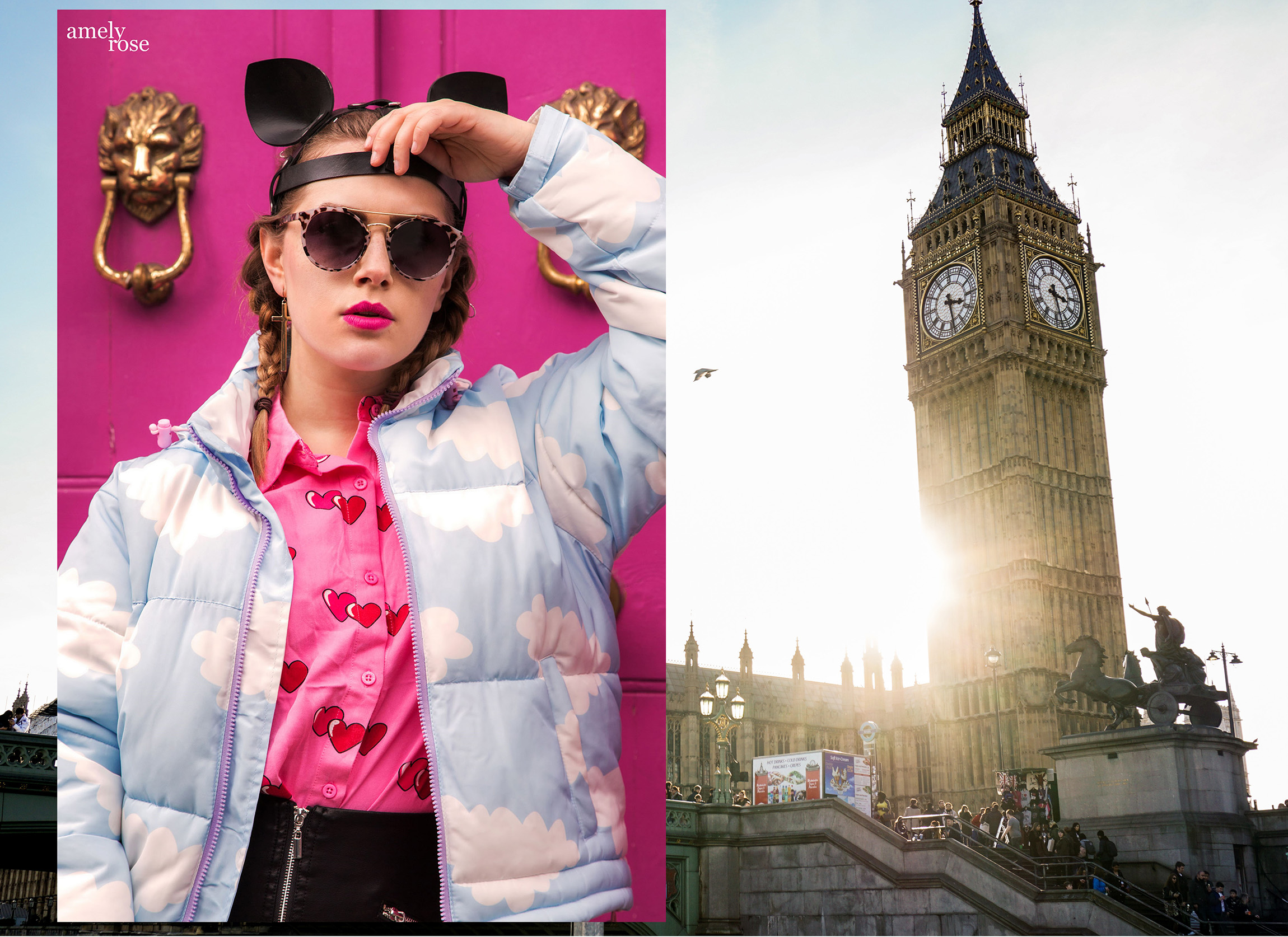 amelyrose, amely, rose, amely_rose infront of the big ben and a pinkhouse, looking like barbie.