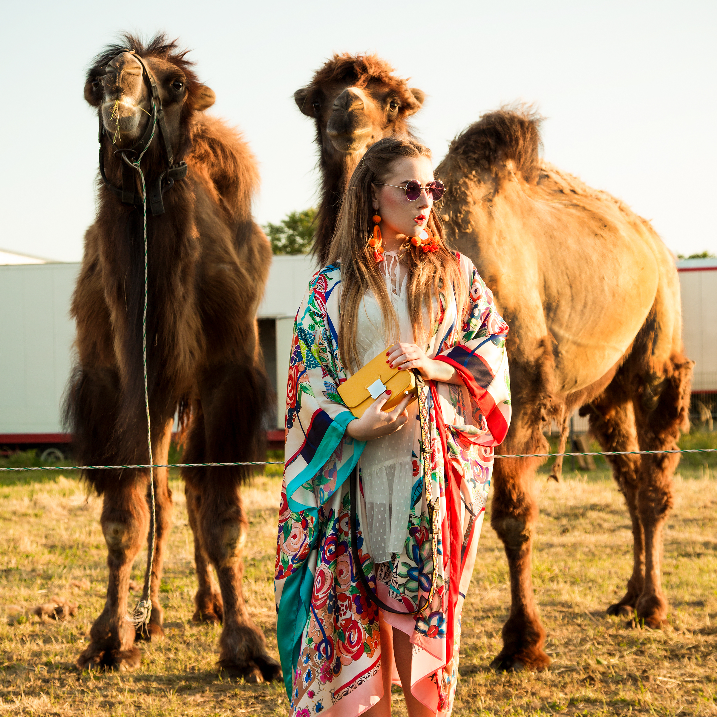 Amely Rose festival look summeroutfit im zara kimono bohostyling mit kamelen tierfotografie