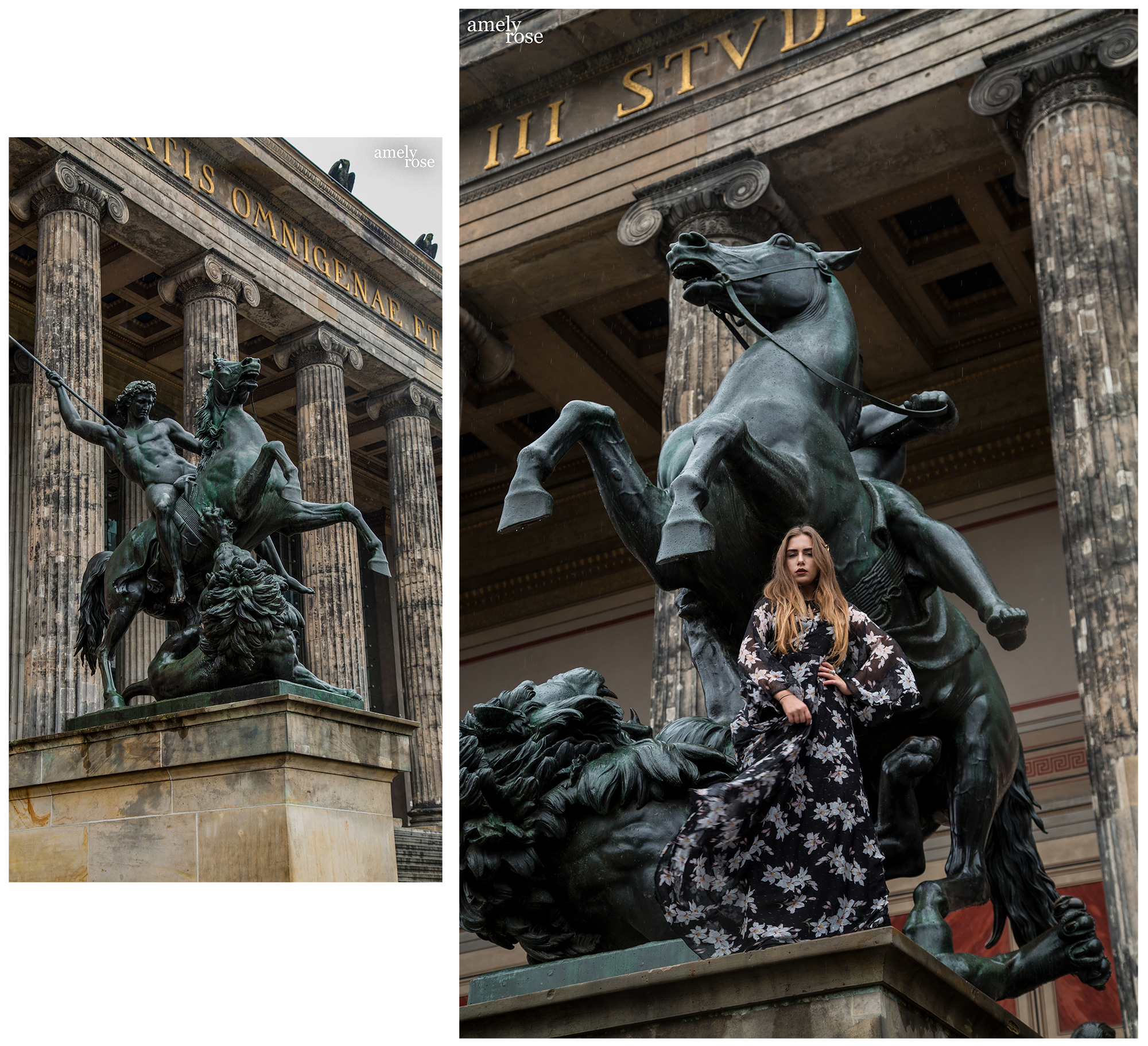 amely rose, fashionblogger in a classy maxidress in berlin - bw fashion editorial and photoshooting - statue 